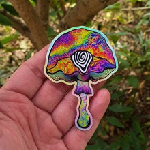 Load image into Gallery viewer, Trippy Mushroom Eye Holographic Sticker. High Quality Trippy sticker. Laptop Stickers. Skateboard Stickers. Water Bottle Sticker.