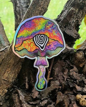 Load image into Gallery viewer, Trippy Mushroom Eye Holographic Sticker. High Quality Trippy sticker. Laptop Stickers. Skateboard Stickers. Water Bottle Sticker.