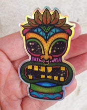 Load image into Gallery viewer, Tiki Sticker. Holographic Sticker. Psychedelic Trippy stickers. High quality Trippy sticker. Laptop sticker. Waterproof stickers.