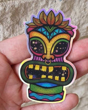 Load image into Gallery viewer, Tiki Sticker. Holographic Sticker. Psychedelic Trippy stickers. High quality Trippy sticker. Laptop sticker. Waterproof stickers.