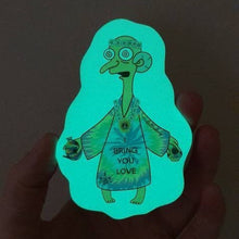 Load image into Gallery viewer, Trippy Glow In The Dark Stickers. Hippy Burns. Simpson inspired. Magic Mushrooms. psychedelic Sticker. Glowing Sticker.