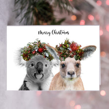 Load image into Gallery viewer, 3 Pack of Australian Animal Christmas Cards. Kangaroo and Koala Greeting Card. Naive Flower Headband. Merry Christmas Card.