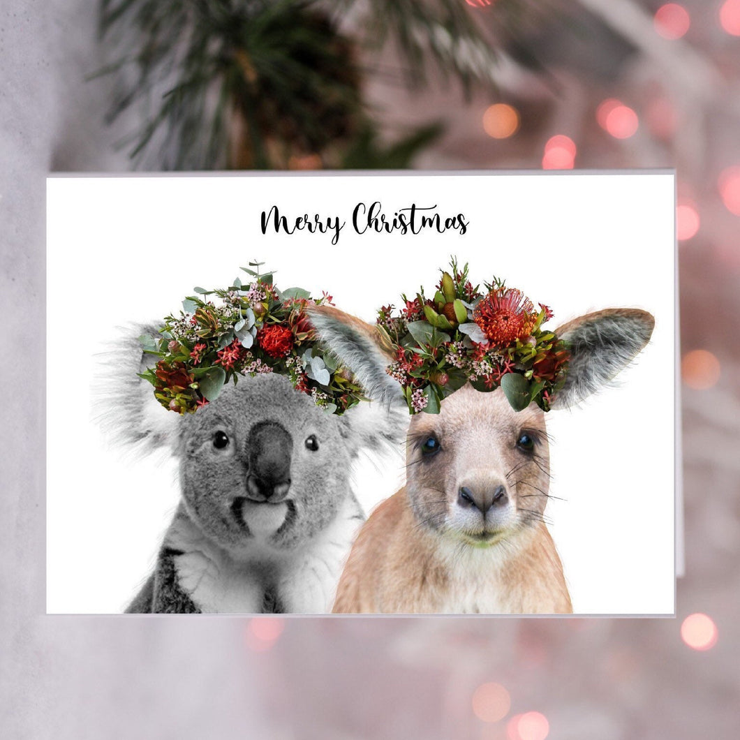 3 Pack of Australian Animal Christmas Cards. Kangaroo and Koala Greeting Card. Naive Flower Headband. Merry Christmas Card.