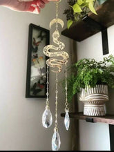 Load image into Gallery viewer, Snake with Moon Crystal Suncatcher. Wall Hanging Rainbow Maker. Light Catcher.