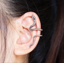 Load image into Gallery viewer, Snake Ear Cuff. Silver Ear Wrap. Punk Goth. Ear Climber No Pierce Adjustable Ear Jewellery. Black Snake Earring