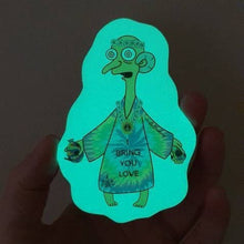 Load image into Gallery viewer, Trippy Glow In The Dark Stickers. Hippy Burns. Simpson inspired. Magic Mushrooms. psychedelic Sticker. Glowing Sticker.