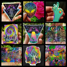 Load image into Gallery viewer, Trippy Holographic Sticker Pack X9. Mushroom Stickers. Alien Stickers - High quality. Laptop stickers. Flask stickers. Psychedelic stickers.