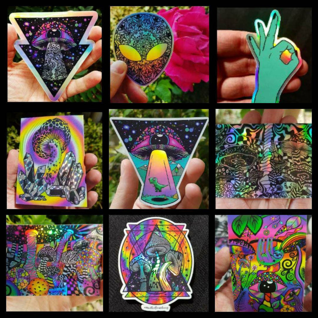 Trippy Holographic Sticker Pack X9. Mushroom Stickers. Alien Stickers - High quality. Laptop stickers. Flask stickers. Psychedelic stickers.