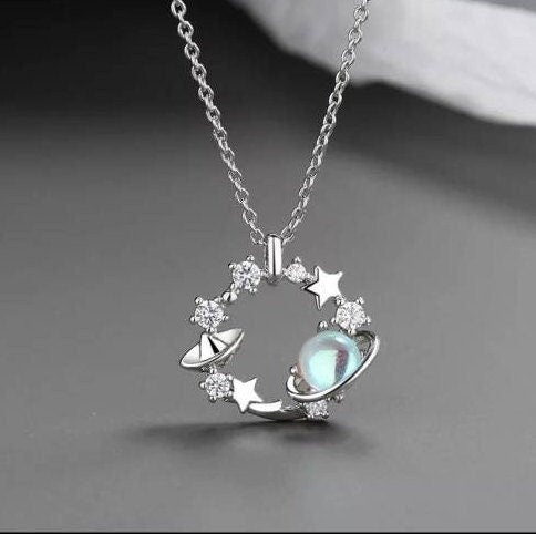 Planet Star Moon Opal Neckalce. 925 Sterling Silver. Crystals Stars. Gorgeous Design Necklace