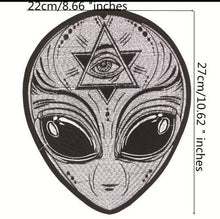 Load image into Gallery viewer, Large Embroidered Clothing Patch. Alien Head Patch. 3 Eyed Alien. Iron On Sew On Patches. Trippy Patch