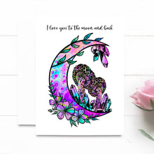 Load image into Gallery viewer, Beautiful Valentine’s Day Card | Moon and Crystals | I Love You To The Moon And Back Greeting Card | Moon And Flower Card | Trippy Mushrooms