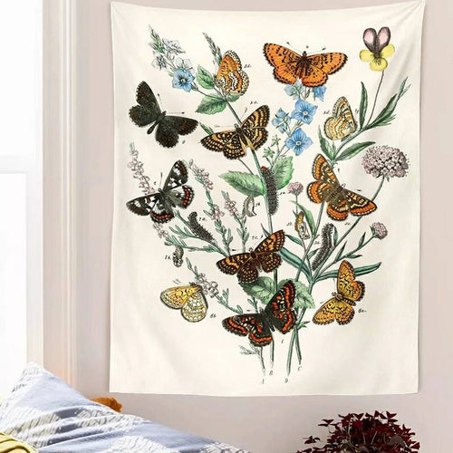 Butterfly Floral Tapestry. Beautiful Vintage Butterflies And Flowers Tapestries. Butterfly Home Decor.  Aesthetic Bunch Of Flowers