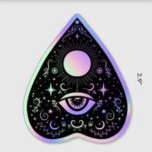 Load image into Gallery viewer, Planchette Holographic  Sticker. Ouija Board Sticker. Witch Sticker. Laptop Sticker. Flask Sticker. High quality Trippy Sticker