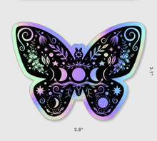 Load image into Gallery viewer, Butterfly Holographic Sticker. Sun And Moon Sticker. Witchy Sticker. Laptop Sticker. Flask Sticker. High quality Trippy Sticker