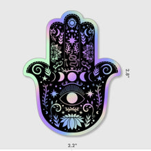 Load image into Gallery viewer, Hamsa Hand Holographic Sticker. Buddha Hand Sticker. Sun And Moon Sticker. Laptop Sticker. Flask Sticker. High quality Lotus Flower Sticker