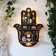 Load image into Gallery viewer, Hamsa Hand Shelf, Wooden Crystal Shelf, Hamsa Hand Lamp, Hamsa Wall Art. Hand Of Fatima Home Decor. Crystal Display Shelf