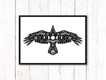 Load image into Gallery viewer, Crow Art Print | Stars Sun And Moon Print. Black And White Print. Beautiful Bird Print