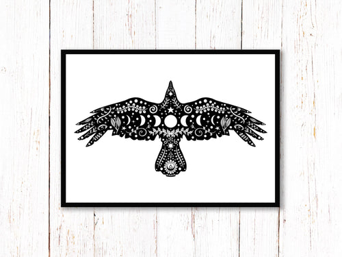 Crow Art Print | Stars Sun And Moon Print. Black And White Print. Beautiful Bird Print