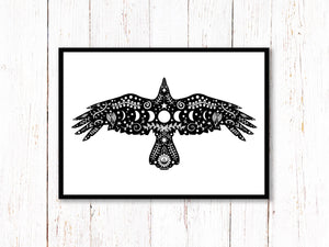 Crow Art Print | Stars Sun And Moon Print. Black And White Print. Beautiful Bird Print