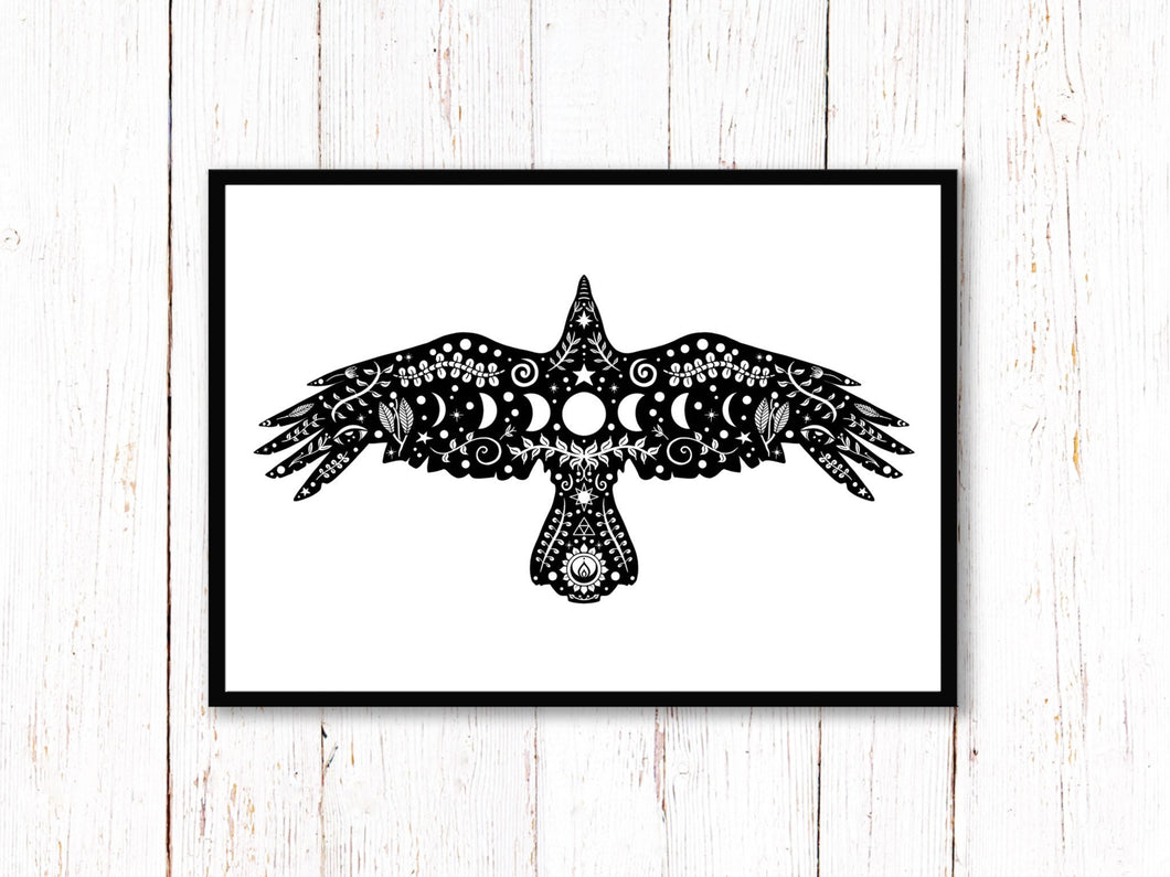 Crow Art Print | Stars Sun And Moon Print. Black And White Print. Beautiful Bird Print