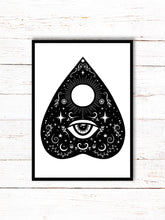 Load image into Gallery viewer, Planchette Art Print | Stars Sun And Moon Print. Black And White Print. Beautiful Planchette Print. Ouija Board Wall Art. Flower Artwork