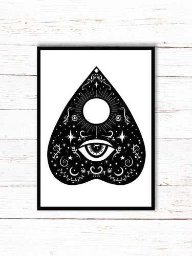 Planchette Art Print | Stars Sun And Moon Print. Black And White Print. Beautiful Planchette Print. Ouija Board Wall Art. Flower Artwork