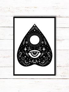 Planchette Art Print | Stars Sun And Moon Print. Black And White Print. Beautiful Planchette Print. Ouija Board Wall Art. Flower Artwork