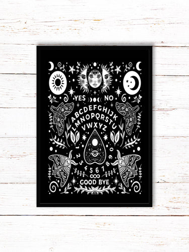 Ouija Board Art Print | Stars Sun And Moon Print. Black And White Print. Beautiful Planchette Print. Ouija Board Wall Art. Flower Artwork