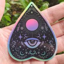 Load image into Gallery viewer, Planchette Holographic  Sticker. Ouija Board Sticker. Witch Sticker. Laptop Sticker. Flask Sticker. High quality Trippy Sticker