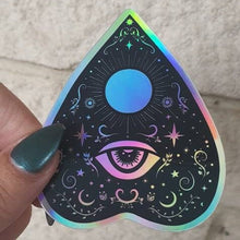 Load image into Gallery viewer, Planchette Holographic  Sticker. Ouija Board Sticker. Witch Sticker. Laptop Sticker. Flask Sticker. High quality Trippy Sticker