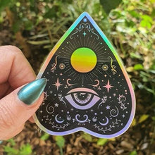 Load image into Gallery viewer, Planchette Holographic  Sticker. Ouija Board Sticker. Witch Sticker. Laptop Sticker. Flask Sticker. High quality Trippy Sticker