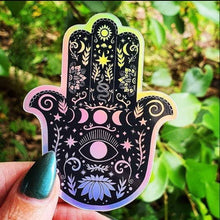 Load image into Gallery viewer, Hamsa Hand Holographic Sticker. Buddha Hand Sticker. Sun And Moon Sticker. Laptop Sticker. Flask Sticker. High quality Lotus Flower Sticker