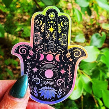 Load image into Gallery viewer, Hamsa Hand Holographic Sticker. Buddha Hand Sticker. Sun And Moon Sticker. Laptop Sticker. Flask Sticker. High quality Lotus Flower Sticker