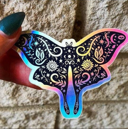 Moth Holographic  Sticker. Sun And Moon Sticker. Witch Sticker. Laptop Sticker. Flask Sticker. High quality Trippy Sticker