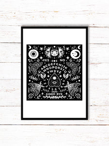 Ouija Board Art Print | Stars Sun And Moon Print. Black And White Print. Beautiful Planchette Print. Ouija Board Wall Art. Flower Artwork