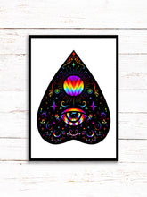 Load image into Gallery viewer, Planchette Art Print | Stars Sun And Moon Print. Black And White Print. Beautiful Planchette Print. Ouija Board Wall Art. Flower Artwork