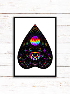 Planchette Art Print | Stars Sun And Moon Print. Black And White Print. Beautiful Planchette Print. Ouija Board Wall Art. Flower Artwork