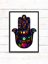 Load image into Gallery viewer, Hamsa Hand Art Print | Stars Sun And Moon Print. Black And White Print. Beautiful Buddha Hand Print. Butterfly Wall Art. Flower Artwork