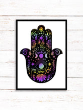 Load image into Gallery viewer, Hamsa Hand Art Print | Stars Sun And Moon Print. Black And White Print. Beautiful Buddha Hand Print. Butterfly Wall Art. Flower Artwork