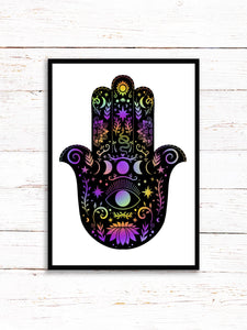 Hamsa Hand Art Print | Stars Sun And Moon Print. Black And White Print. Beautiful Buddha Hand Print. Butterfly Wall Art. Flower Artwork