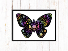 Load image into Gallery viewer, Butterfly Art Print | Stars Sun And Moon Print. Black And White Print. Beautiful Butterfly Print. Butterfly Wall Art. Flower Artwork