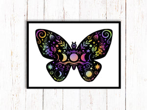 Butterfly Art Print | Stars Sun And Moon Print. Black And White Print. Beautiful Butterfly Print. Butterfly Wall Art. Flower Artwork