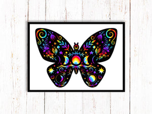 Butterfly Art Print | Stars Sun And Moon Print. Black And White Print. Beautiful Butterfly Print. Butterfly Wall Art. Flower Artwork