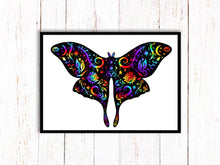 Load image into Gallery viewer, Moth Art Print | Stars Sun And Moon Print. Black And White Print. Beautiful Moth Print. Moth Wall Art. Flower Artwork