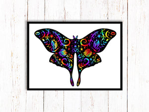 Moth Art Print | Stars Sun And Moon Print. Black And White Print. Beautiful Moth Print. Moth Wall Art. Flower Artwork