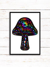 Load image into Gallery viewer, Mushroom Art Print | Stars Sun And Moon Print. Black And White Print. Beautiful Mushroom Print