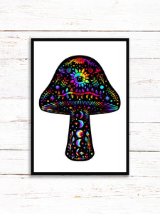 Mushroom Art Print | Stars Sun And Moon Print. Black And White Print. Beautiful Mushroom Print