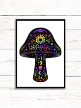 Load image into Gallery viewer, Mushroom Art Print | Stars Sun And Moon Print. Black And White Print. Beautiful Mushroom Print