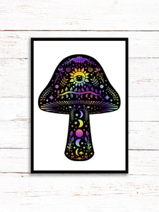 Mushroom Art Print | Stars Sun And Moon Print. Black And White Print. Beautiful Mushroom Print