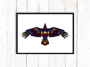 Crow Art Print | Stars Sun And Moon Print. Black And White Print. Beautiful Bird Print